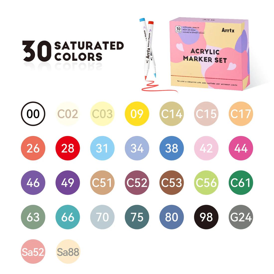 Arrtx 30 krāsu akrila pildspalvas - 30D