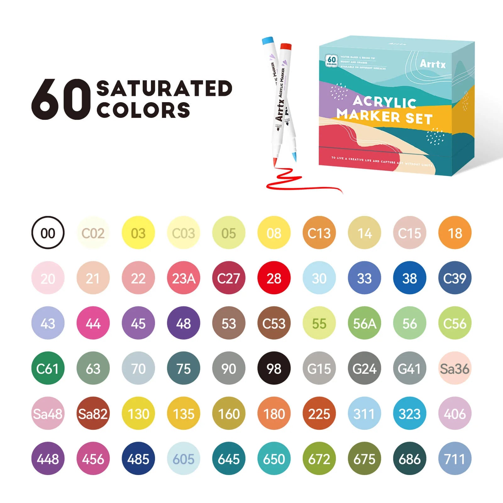 Akrüülmarkerid-viltpliiatsid Arrtx, 60 tk - 60C